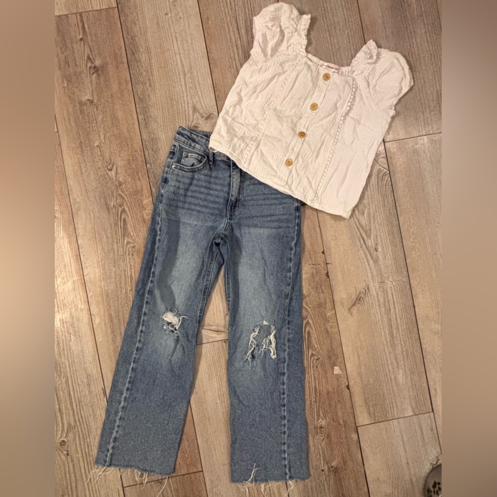 Girls Size 12 Puffer Sleeve Top & Art Class Denim Sz 12 Blue Jeans Outfit